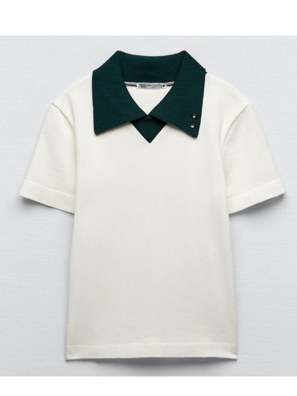 Zara womens join life collection Cream Polo with Dark Green Contrast Collar